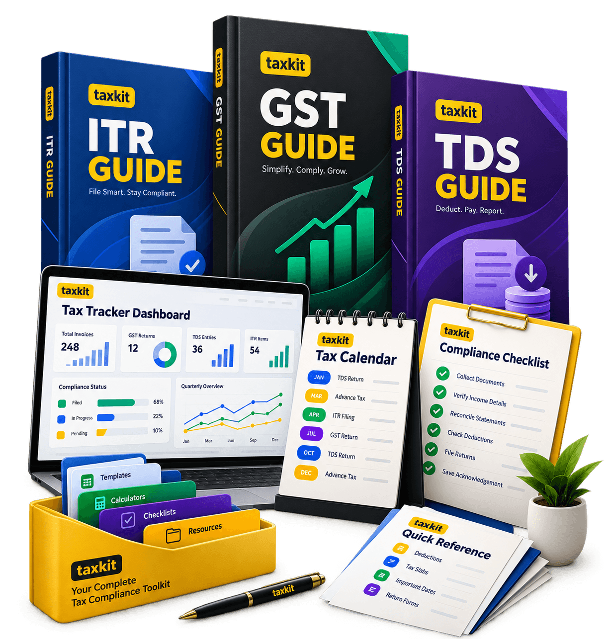 TaxKit ITR, GST and TDS guides with tracker, calendar and compliance checklist